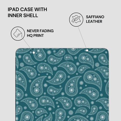 Teal paisley patterned iPad case with inner shell on a light gray background