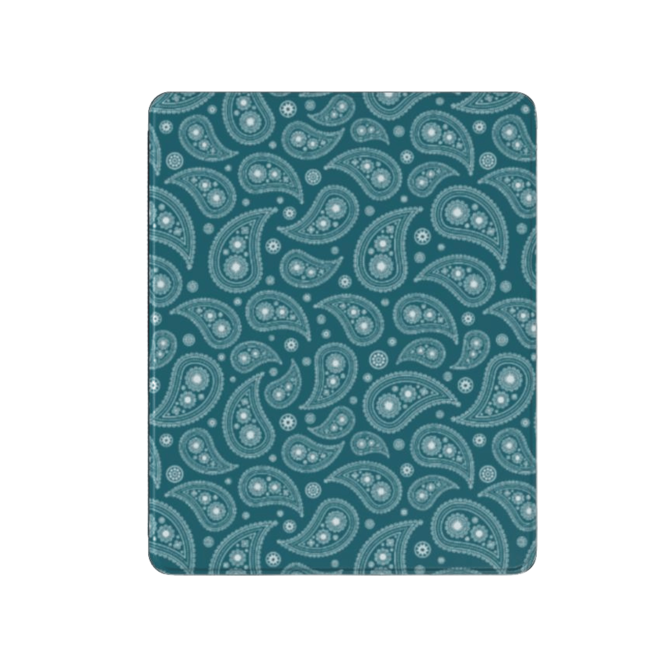 Teal fabric with white paisley pattern on a white background