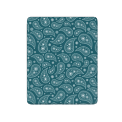Teal fabric with white paisley pattern on a white background