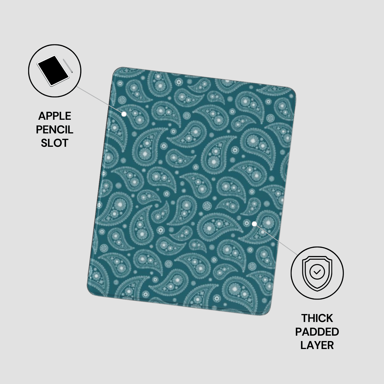 Teal patterned case with Apple Pencil slot and thick padded layer on a light gray background