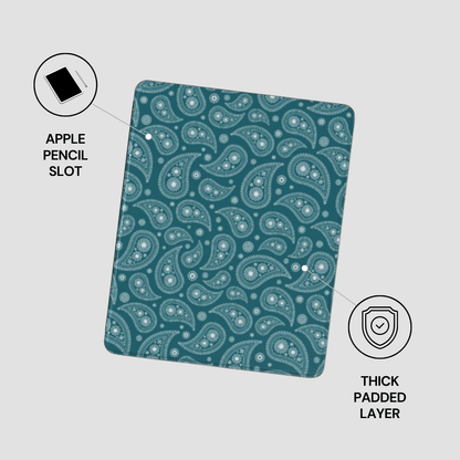 Teal patterned case with Apple Pencil slot and thick padded layer on a light gray background