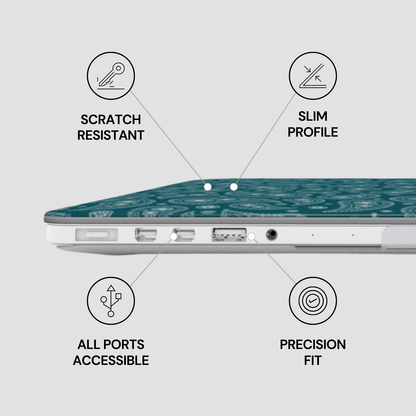 Laptop with features labeled as scratch resistant, slim profile, all ports accessible, and precision fit on a light gray background.