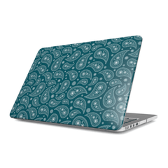 Laptop with a teal paisley pattern on a white background