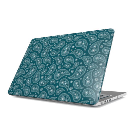 Laptop with a teal paisley pattern on a white background