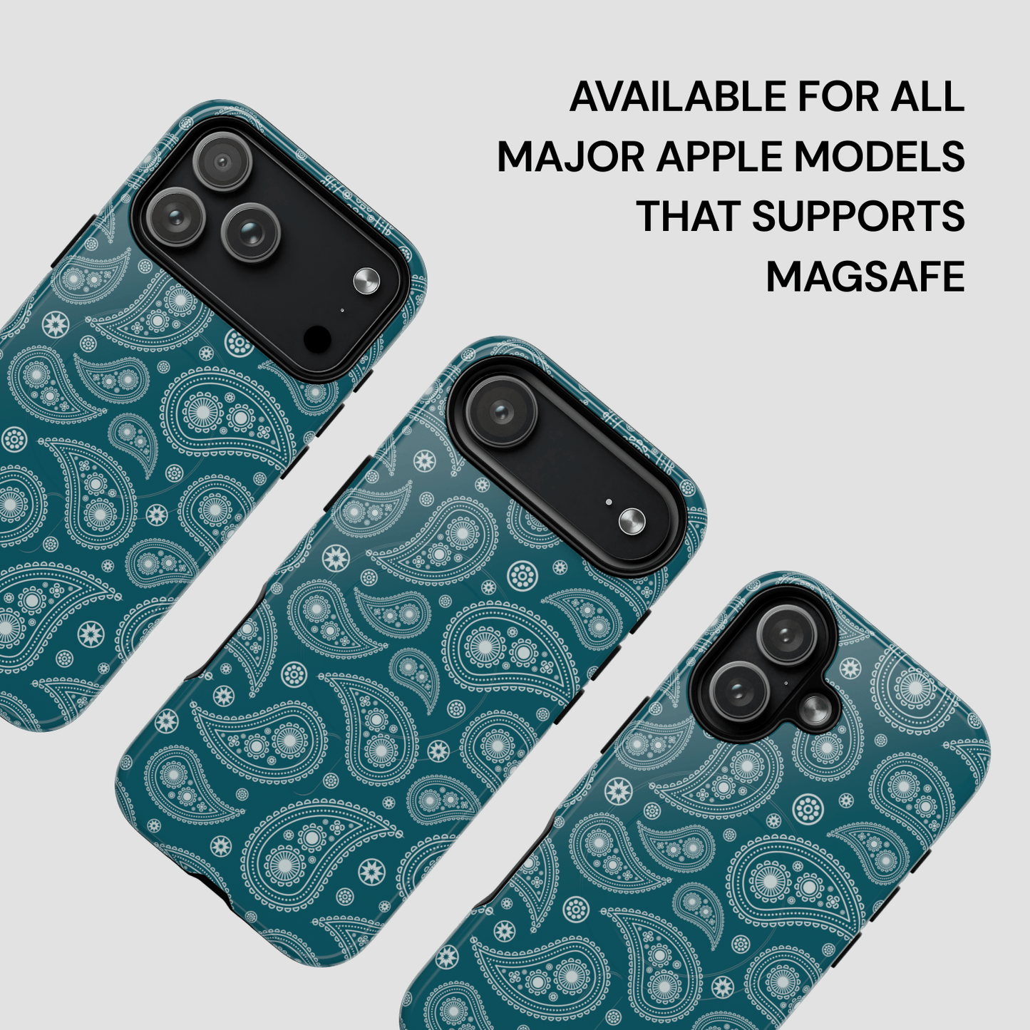 Three phone cases with a paisley pattern on a light gray background, with text indicating compatibility with Apple devices.