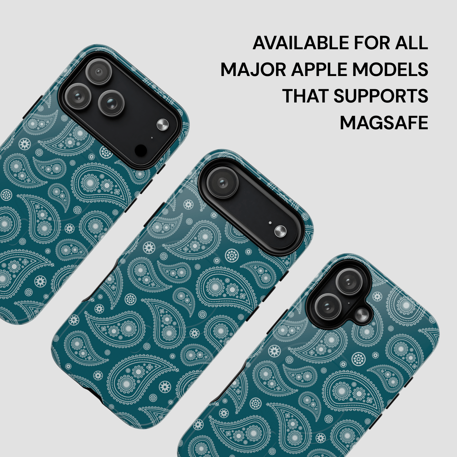 Three phone cases with a paisley pattern on a light gray background, with text indicating compatibility with Apple devices.