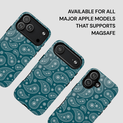 Three phone cases with a paisley pattern on a light gray background, with text indicating compatibility with Apple devices.