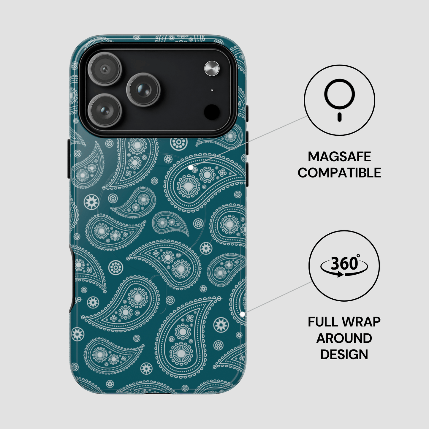 Phone case with paisley pattern and Magsafe compatibility on a light gray background