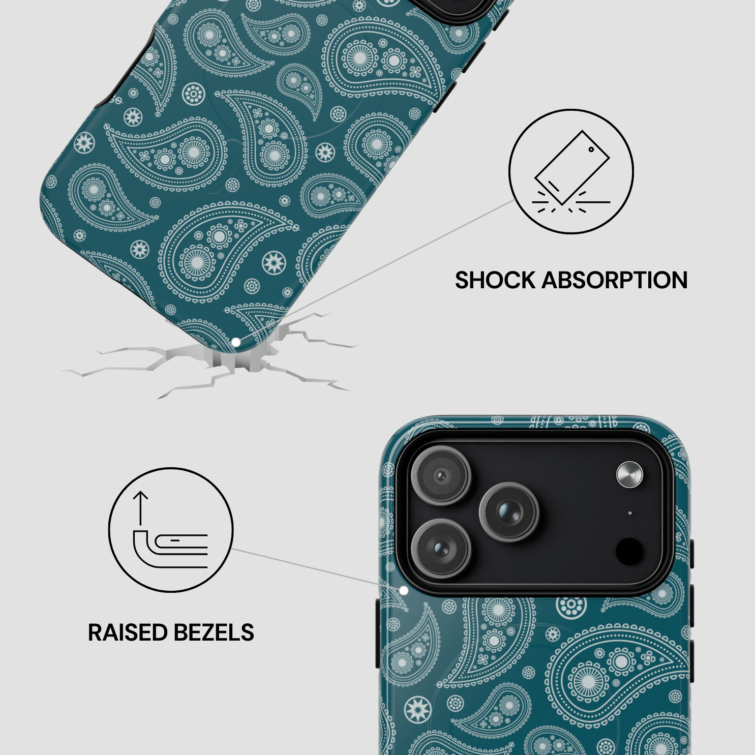 Phone case with paisley pattern and features highlighted on a white background