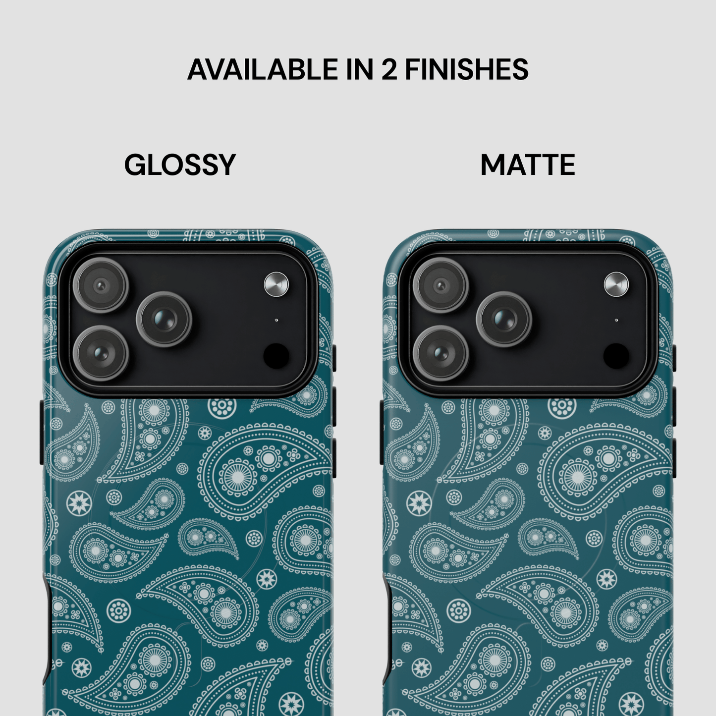 Two phone case designs with paisley pattern, one glossy and one matte, on a light gray background.