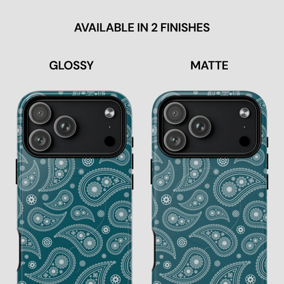Two phone case designs with paisley pattern, one glossy and one matte, on a light gray background.