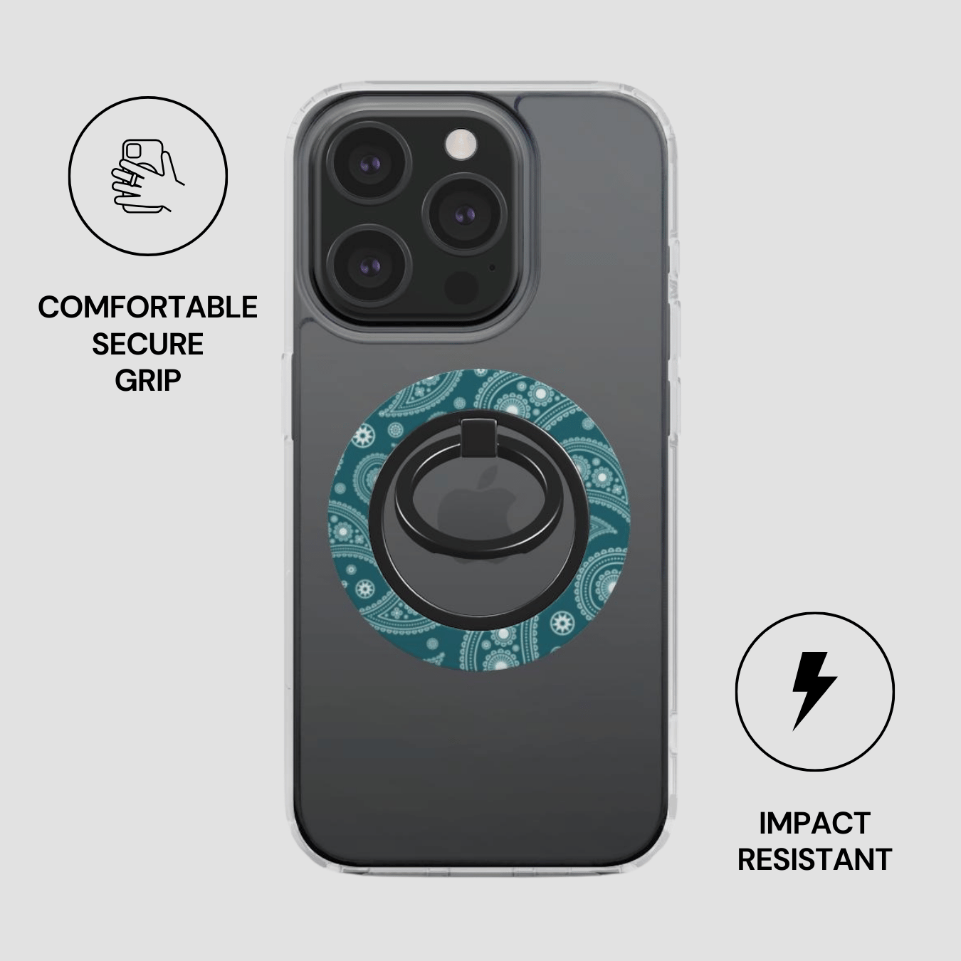 Phone case with a ring holder on a gray background