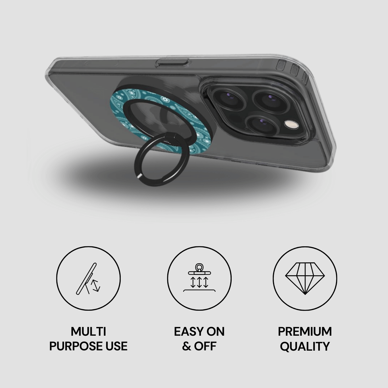 Phone case with ring holder on a gray background