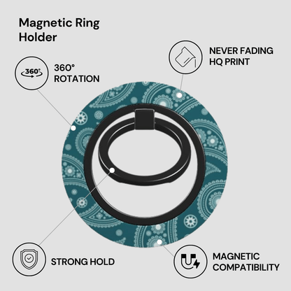 Magnetic ring holder with features listed on a gray background