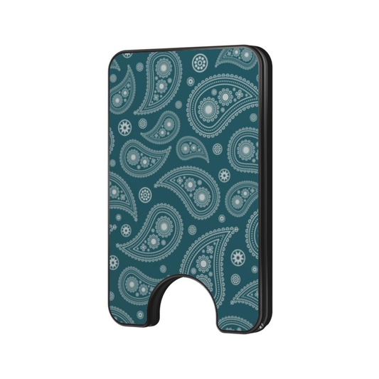 Teal Paisley Magnetic Wallet with teal paisley pattern on a white background