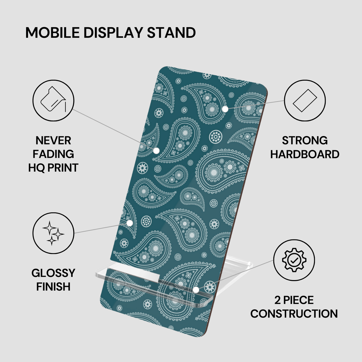 Teal mobile display stand with white paisley pattern on a gray background