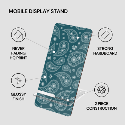 Teal mobile display stand with white paisley pattern on a gray background
