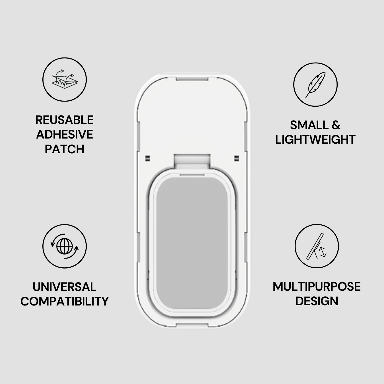 Reusable adhesive patch with features listed on a gray background