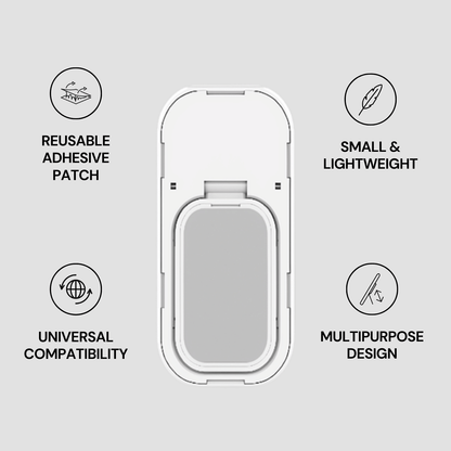 Reusable adhesive patch with features listed on a gray background