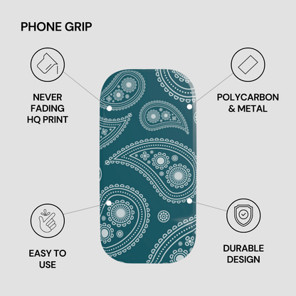 Phone grip with teal paisley pattern on a gray background, featuring text about product features.
