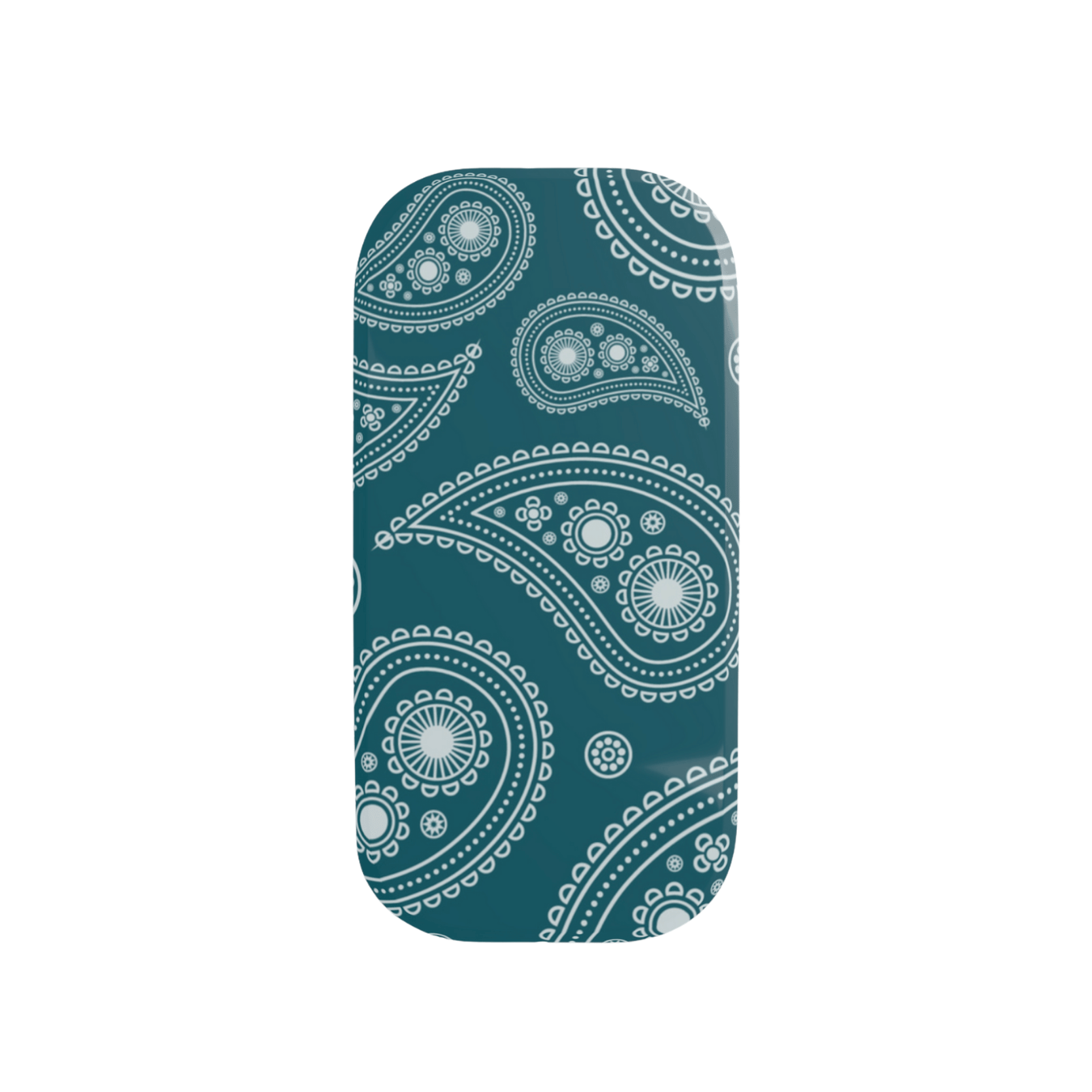 Teal phone case with white paisley pattern on a white background