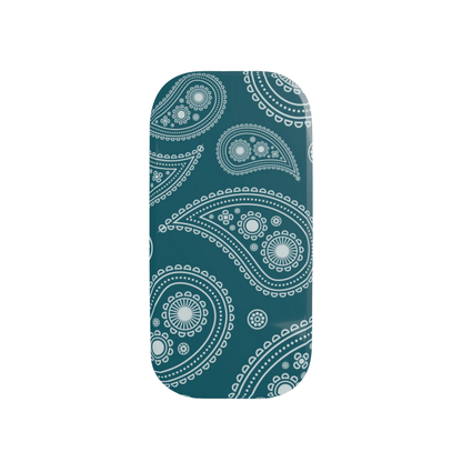 Teal phone case with white paisley pattern on a white background