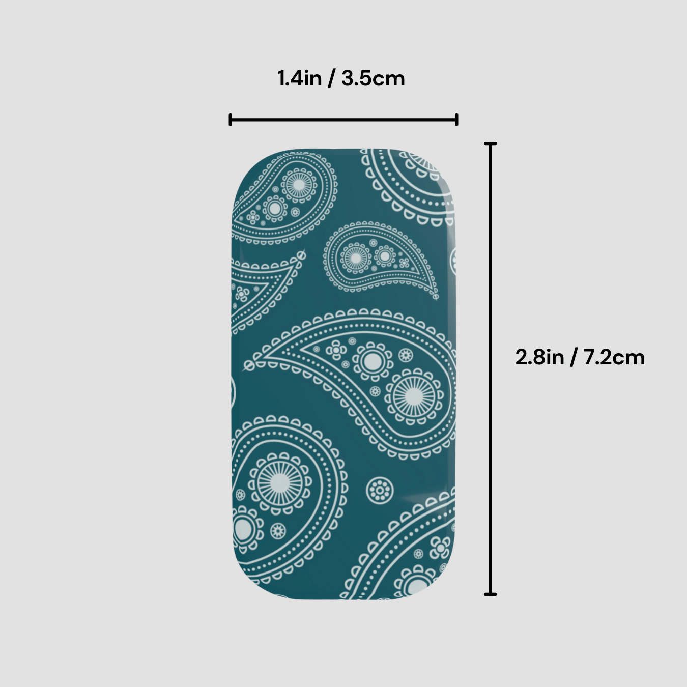 Teal phone case with white paisley pattern and measurements on a gray background