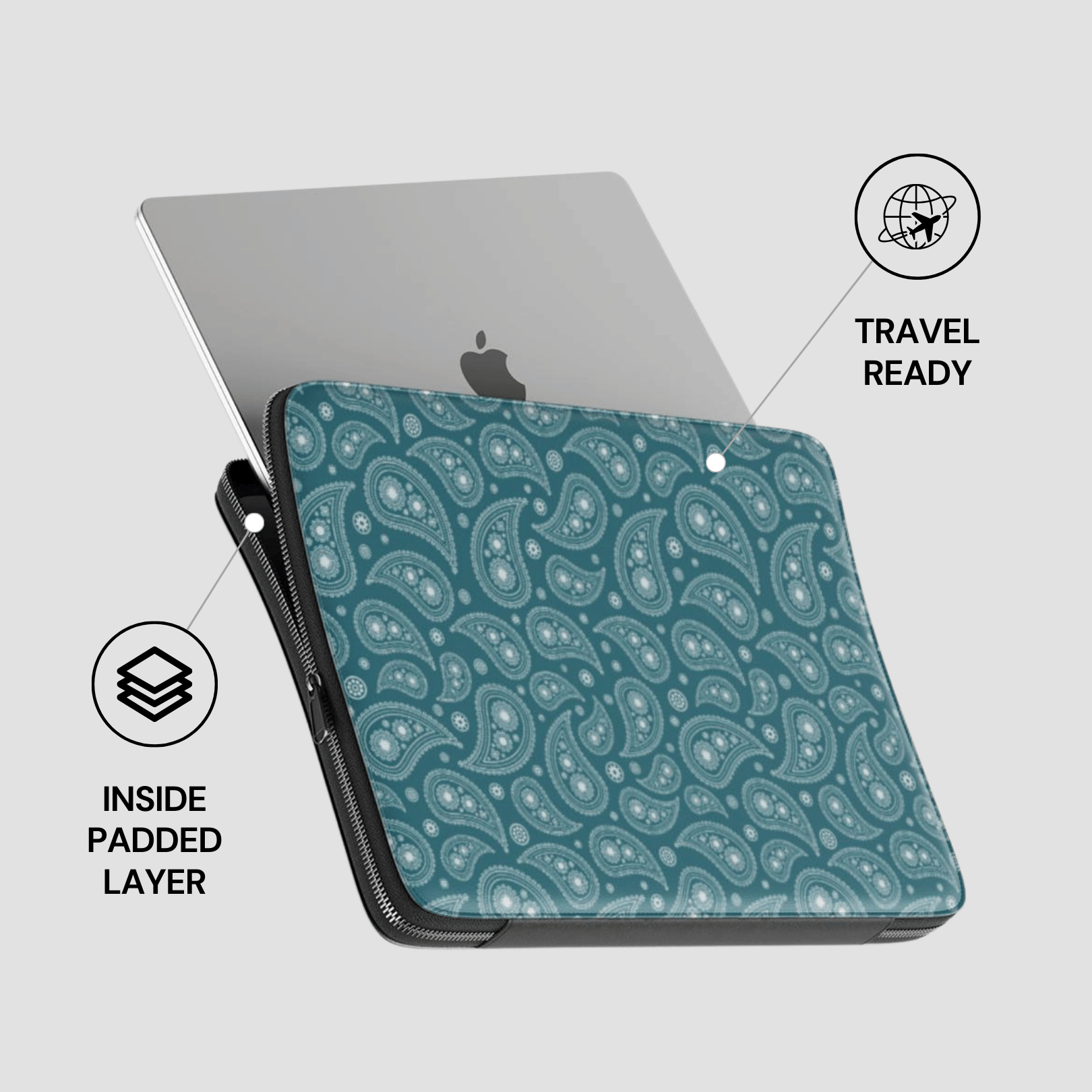 Laptop sleeve with paisley pattern on a white background