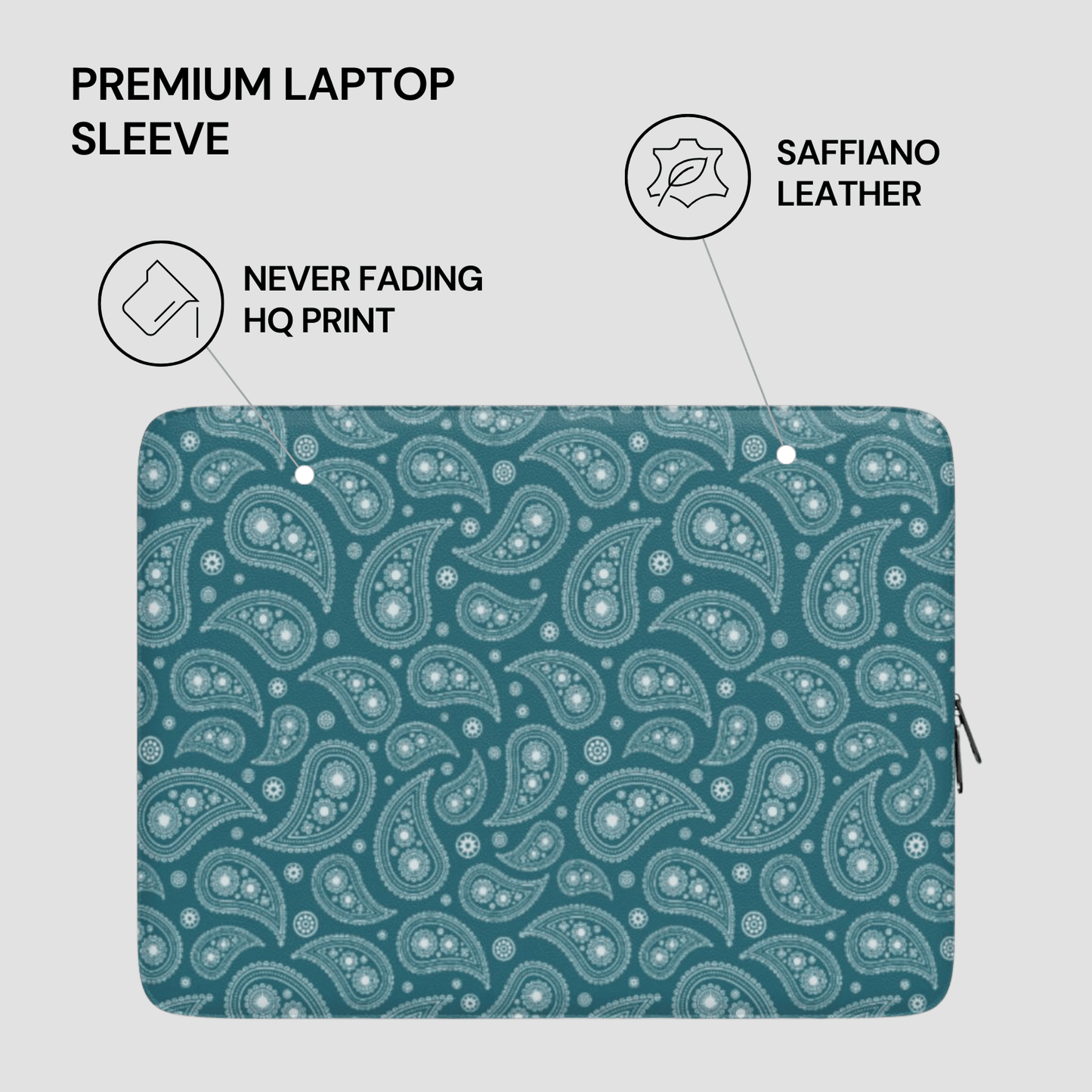 Teal paisley patterned laptop sleeve with text highlighting features on a light gray background