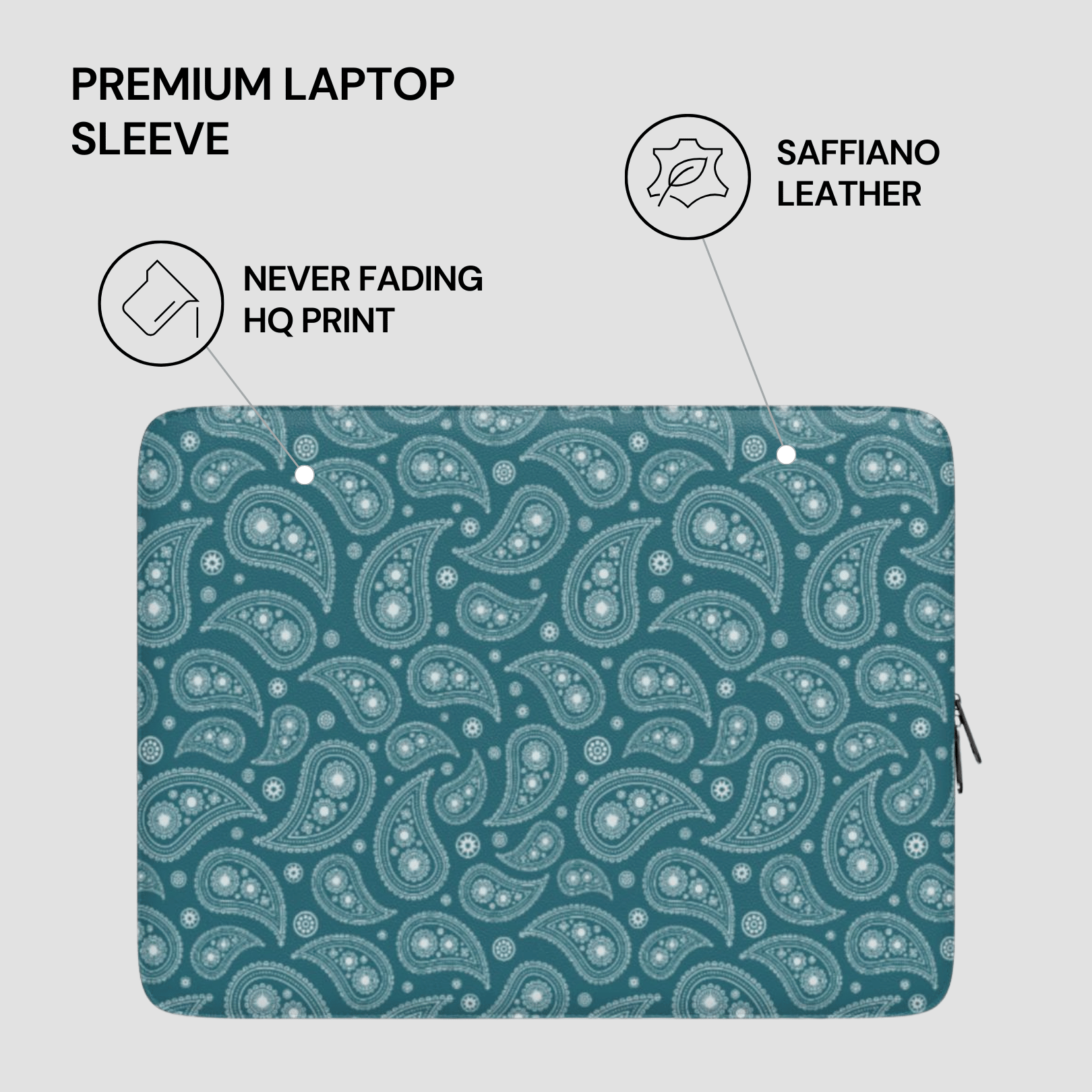 Teal paisley patterned laptop sleeve with text highlighting features on a light gray background