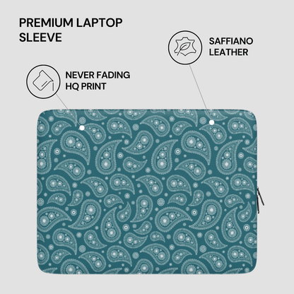 Teal paisley patterned laptop sleeve with text highlighting features on a light gray background