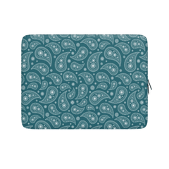 Teal laptop sleeve with white paisley pattern on a white background
