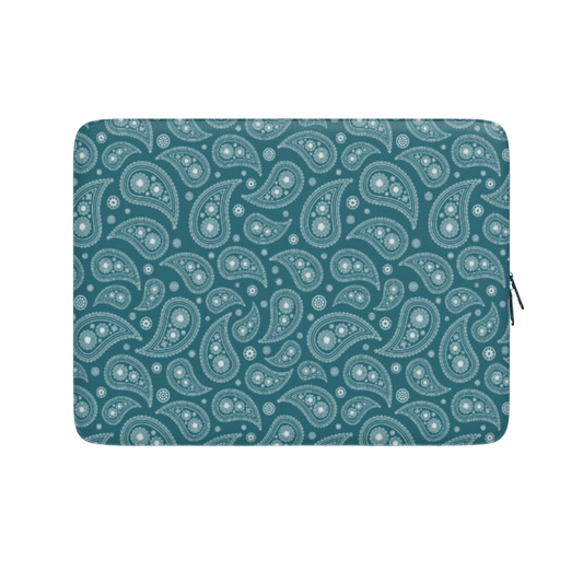 Teal laptop sleeve with white paisley pattern on a white background