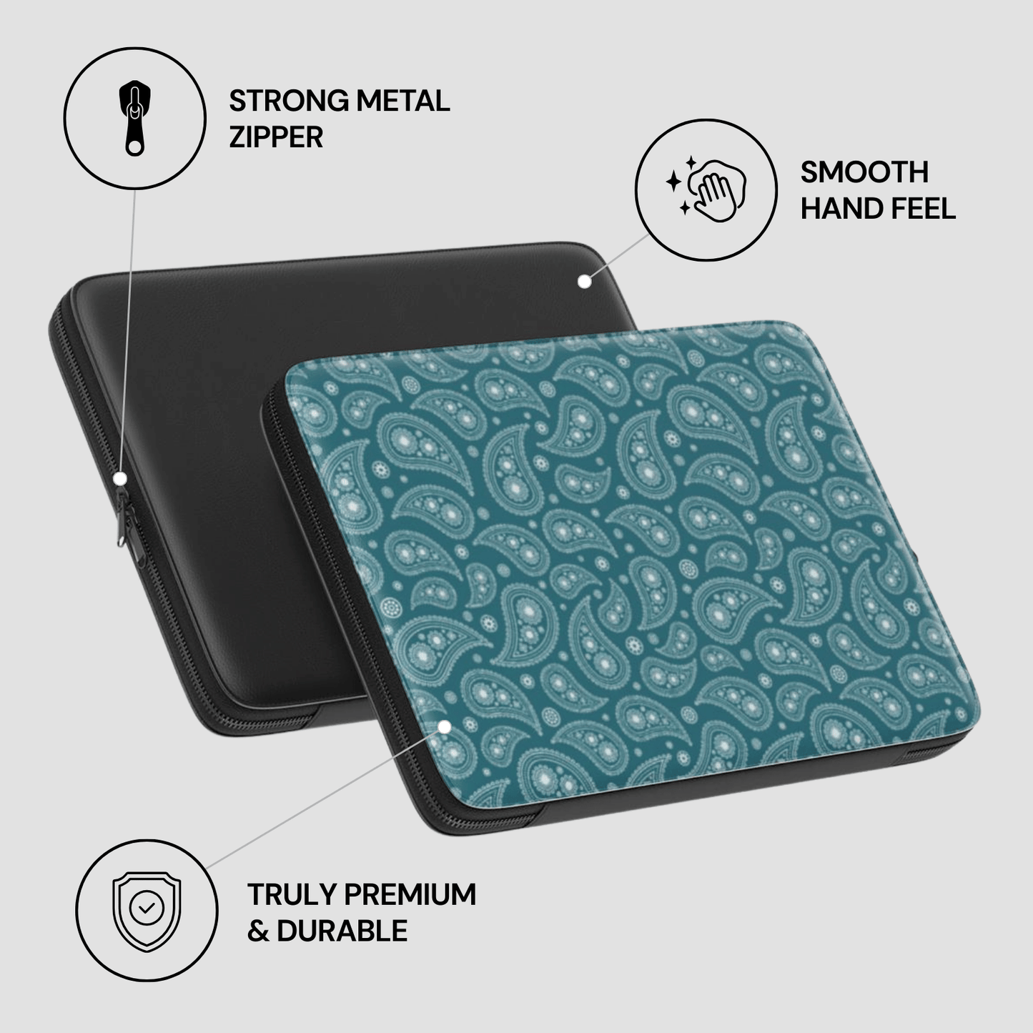 Teal patterned laptop case with black zipper on a light gray background