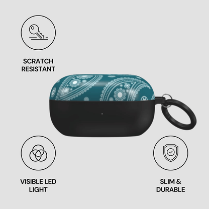 Black case with teal bandana pattern on a gray background, featuring icons and text about case features.