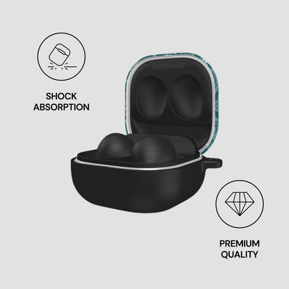 Black earbuds in an open case with 'Shock Absorption' and 'Premium Quality' icons on a light gray background.