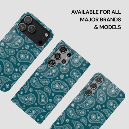 Teal paisley patterned phone case on a light gray background with text about compatibility.