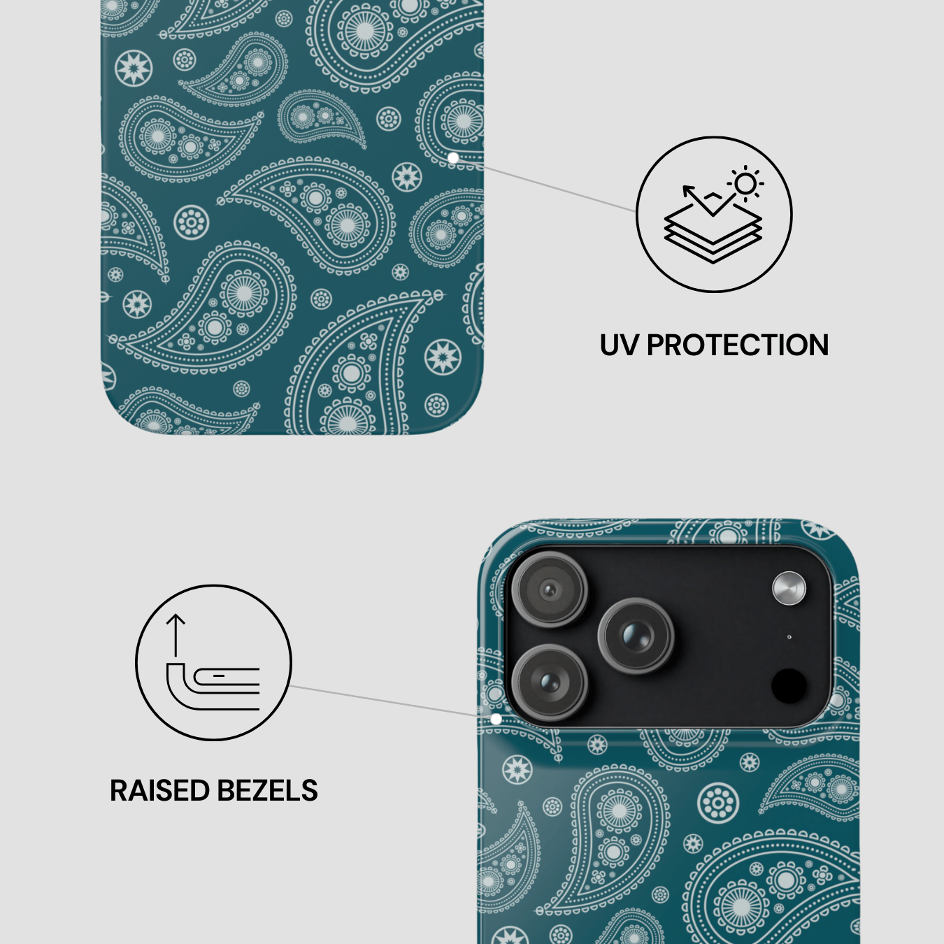 Phone case with paisley pattern and features highlighted on a light gray background