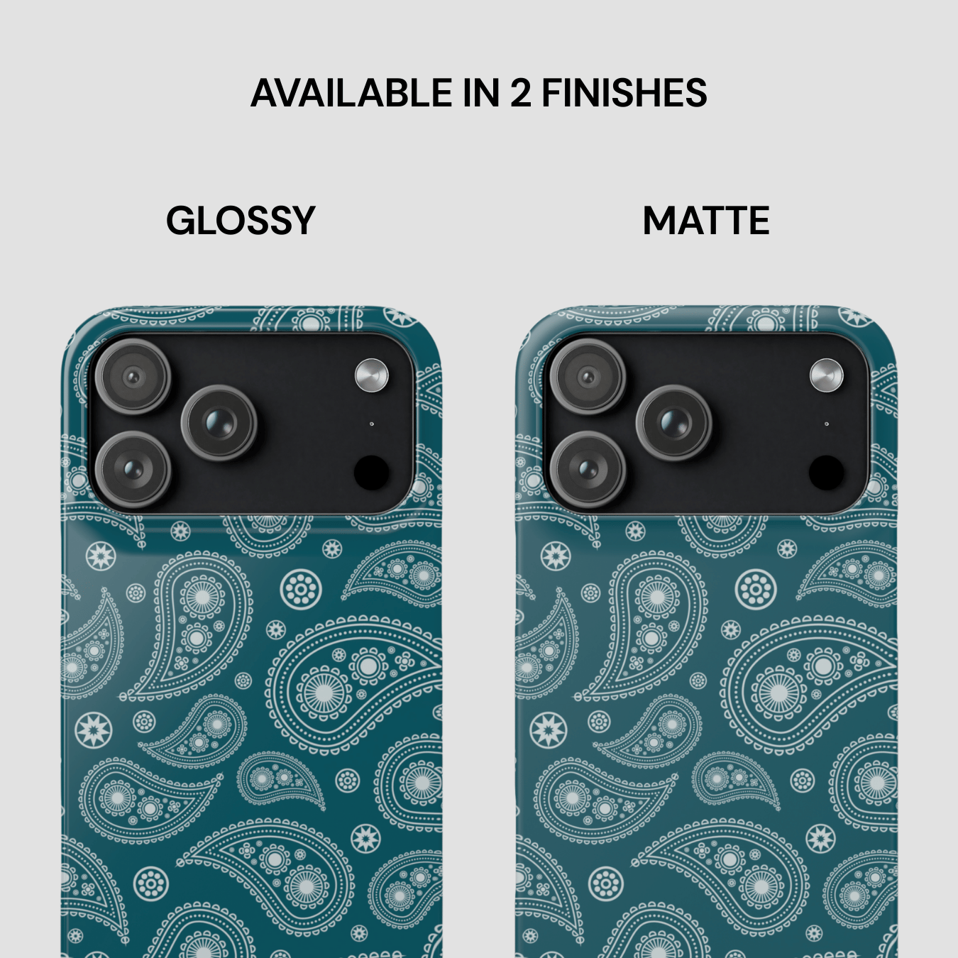 Two phone case designs with paisley pattern, one glossy and one matte, on a light gray background.