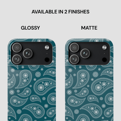 Two phone case designs with paisley pattern, one glossy and one matte, on a light gray background.