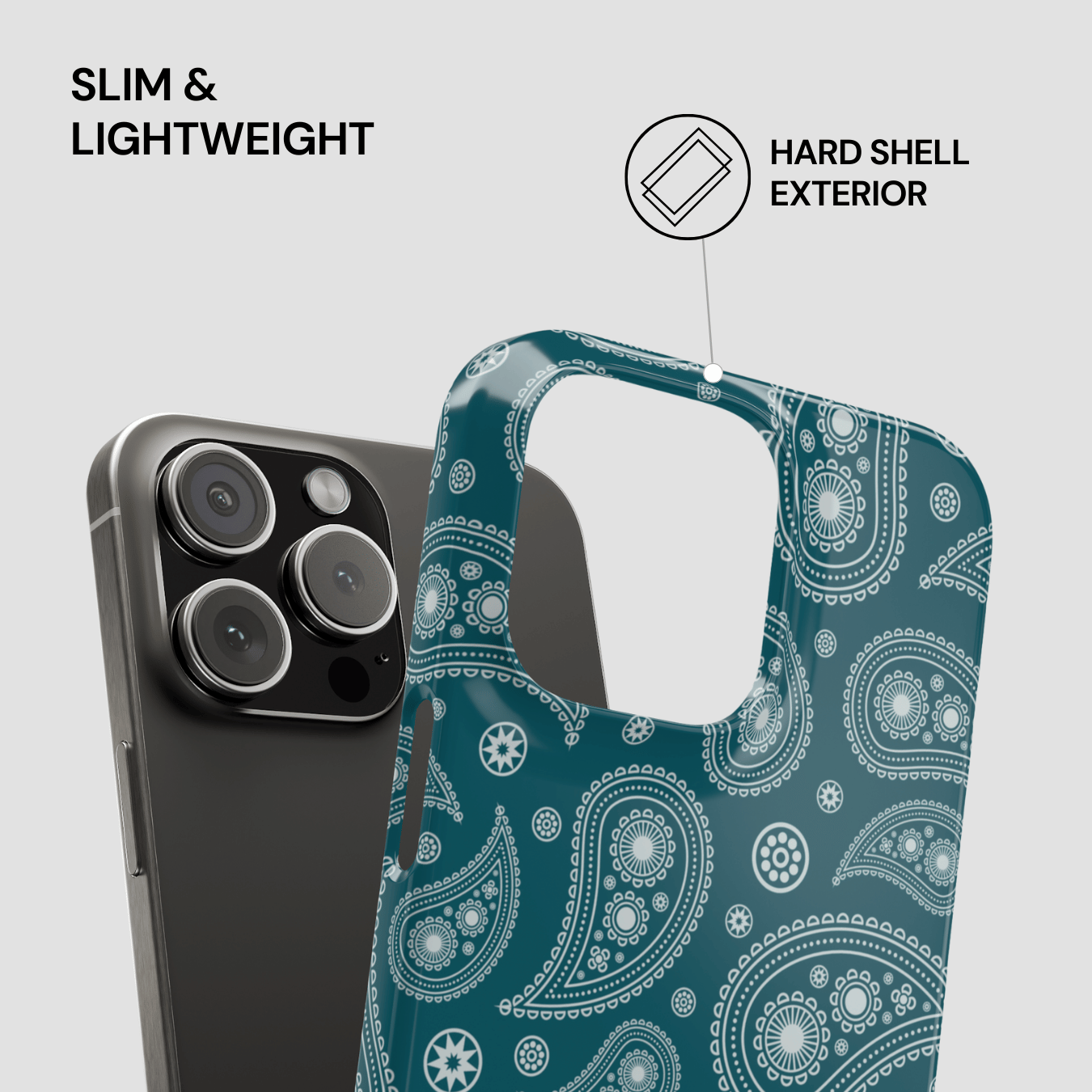 Phone case with paisley pattern on a gray background