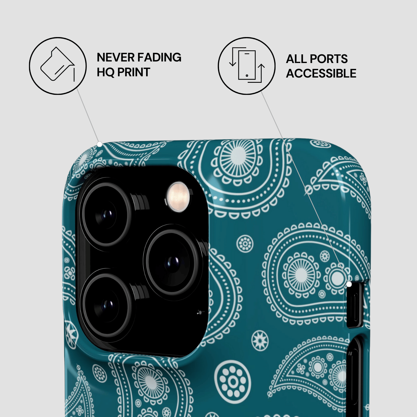 Phone case with blue pattern and camera details on a light gray background