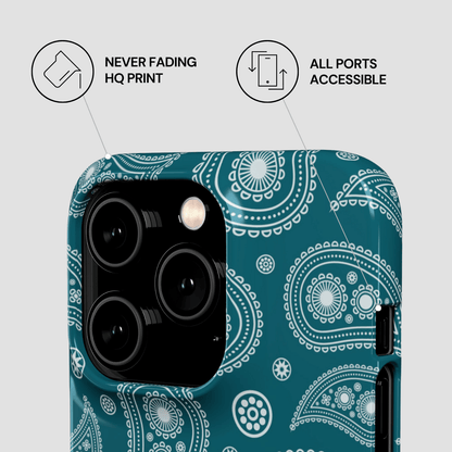 Phone case with blue pattern and camera details on a light gray background