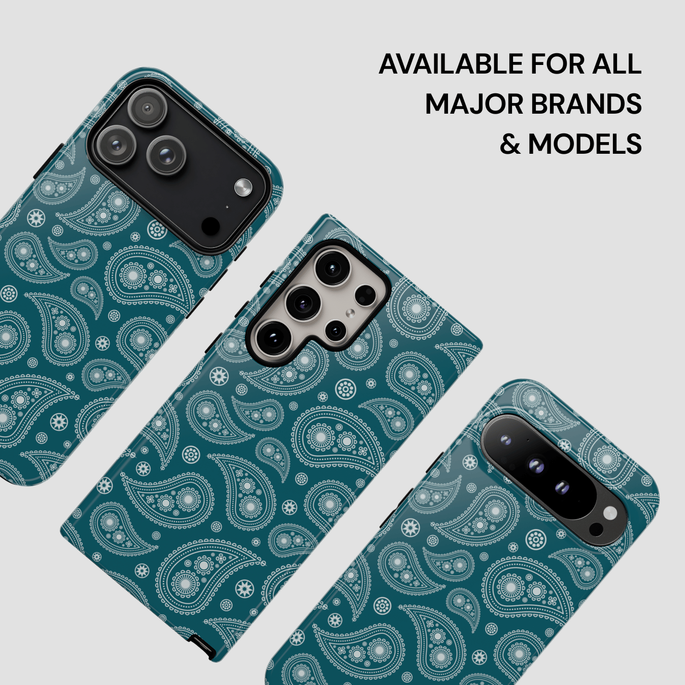 Green paisley patterned phone case on a light gray background with text 'Available for all major brands & models'.