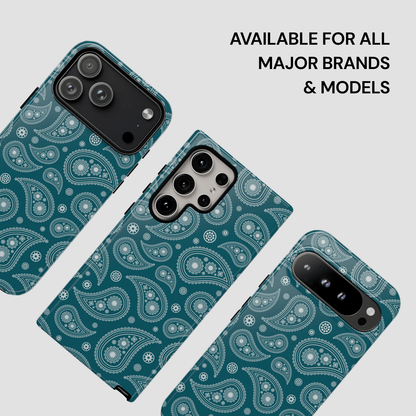 Green paisley patterned phone case on a light gray background with text 'Available for all major brands & models'.