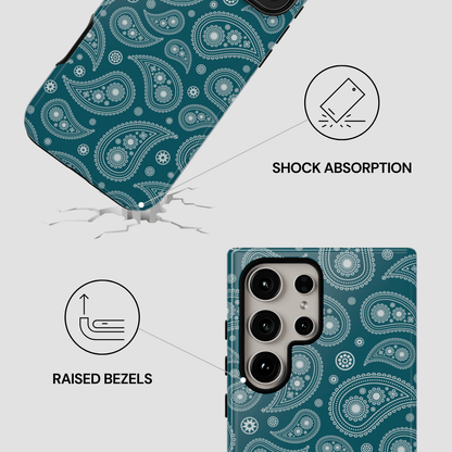 Phone case with paisley pattern and shock absorption features on a white background