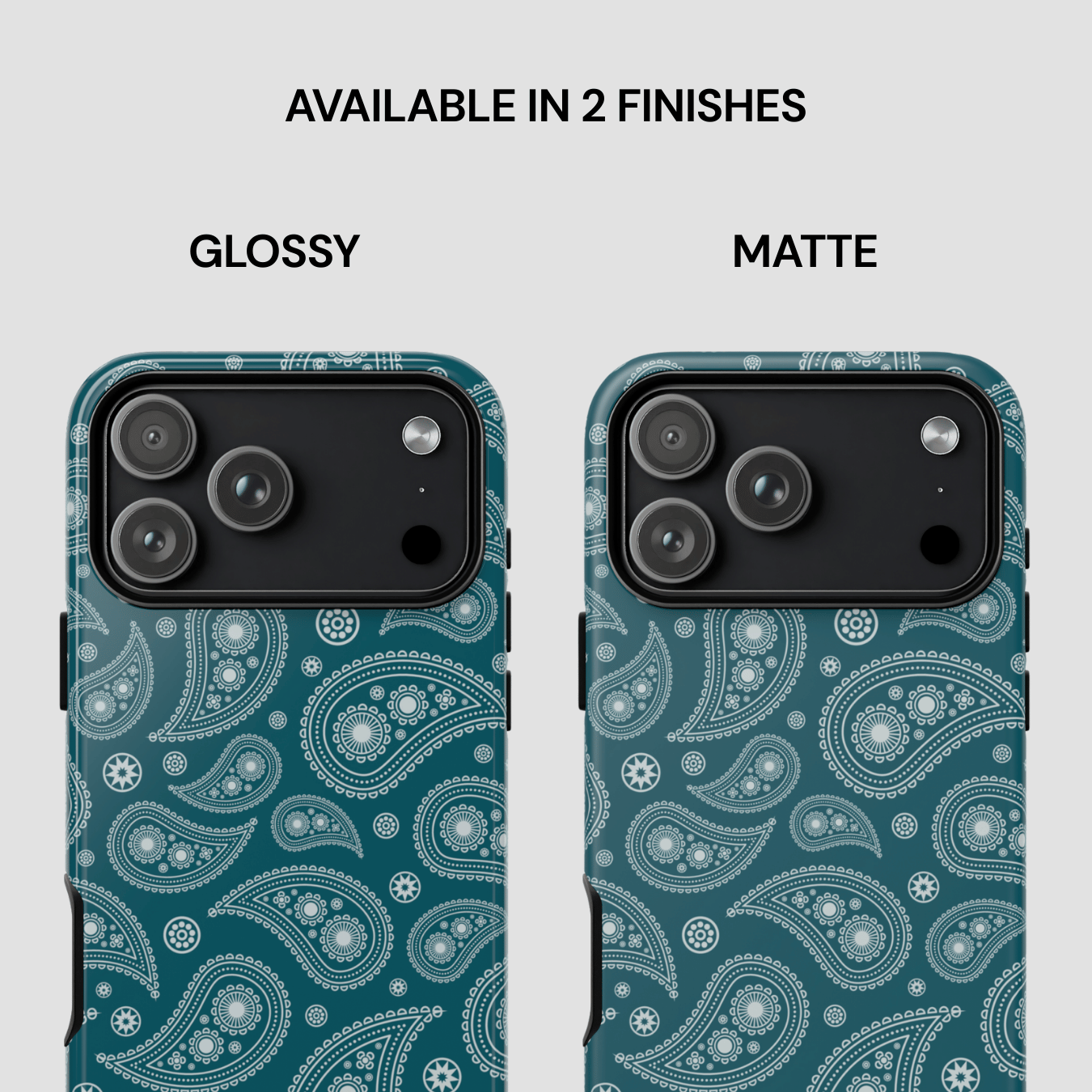 Two phone case designs with paisley pattern, one glossy and one matte, on a light gray background.
