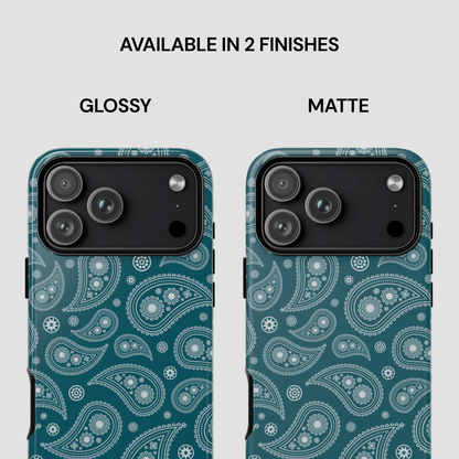 Two phone case designs with paisley pattern, one glossy and one matte, on a light gray background.