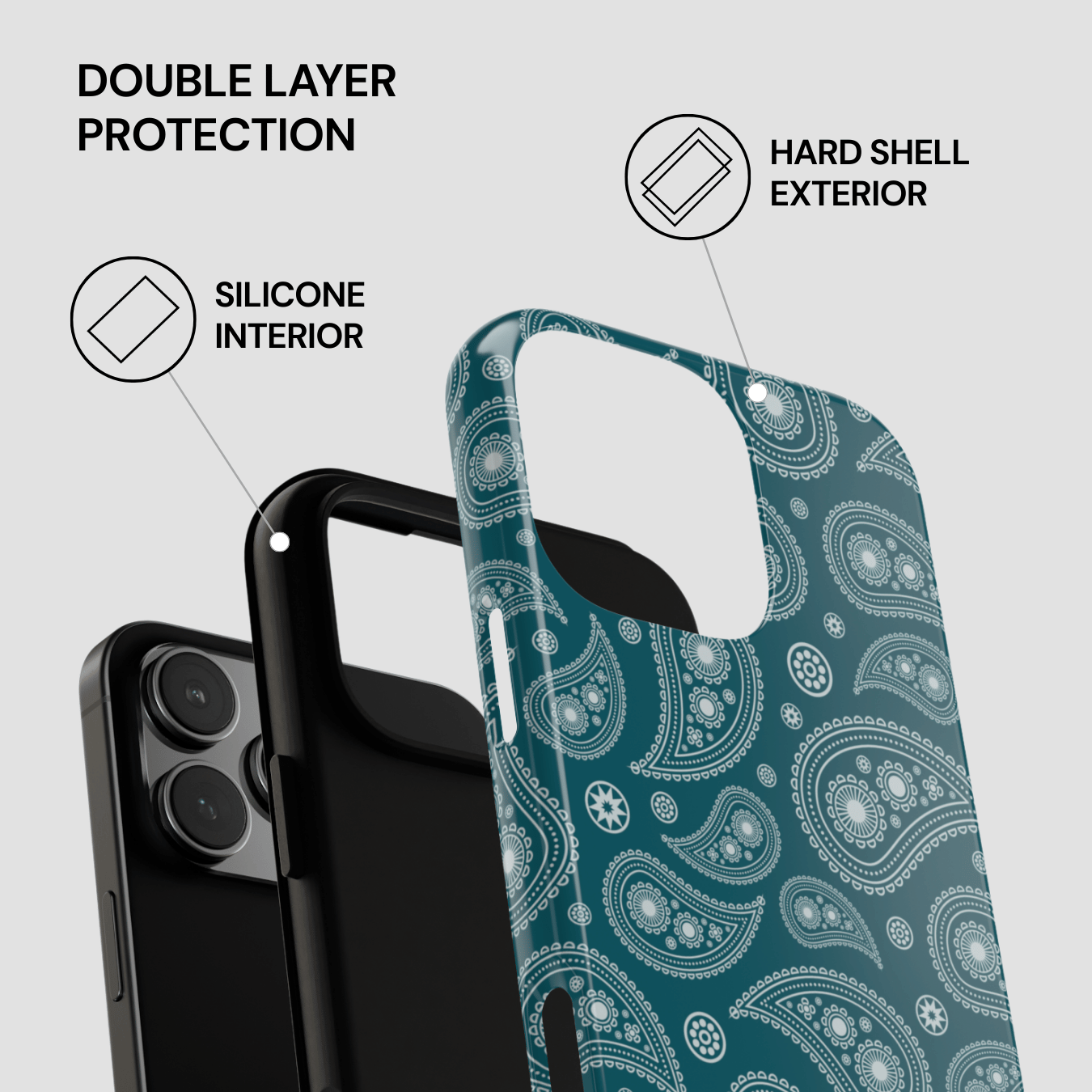 Phone case with double layer protection features on a white background