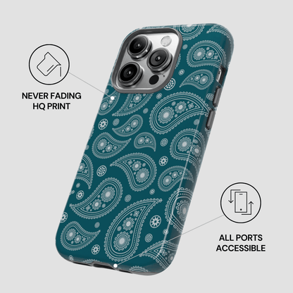 Phone case with teal and white paisley pattern on a gray background